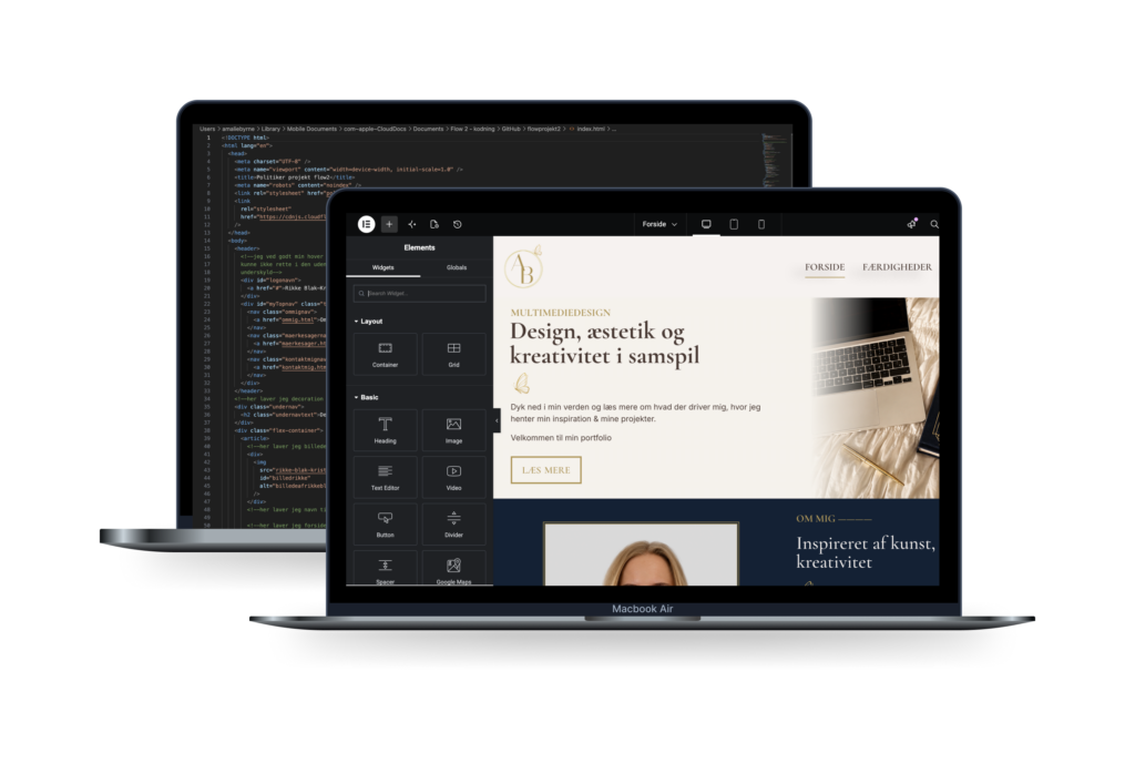 billede af computer med kode og en med webdesign