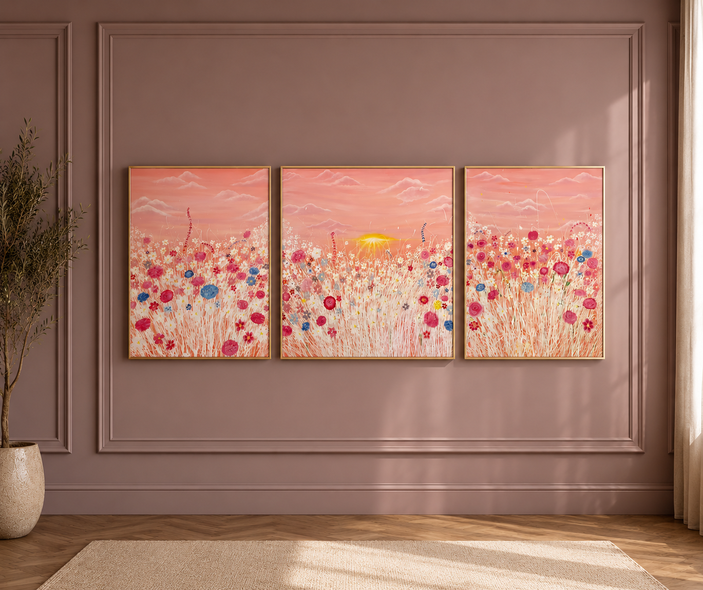 3 delt maleri med solnedgang over blomstermark